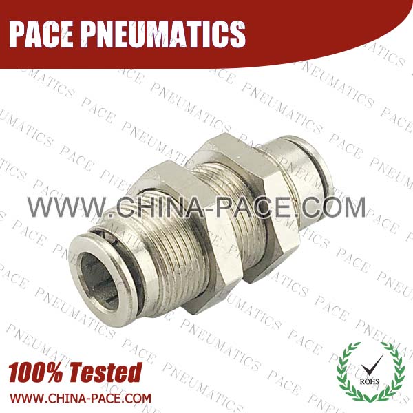 Union Bulkhead Straight Nickel Plated Brass Push In Air Fittings, All Metal Push To Connect Fittings, All Brass Push In Fittings, Camozzi Type Brass Pneumatic Fittings
